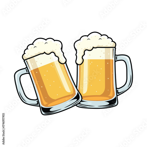 illustration vector two frothy beer mugs clinking together isolated on white background