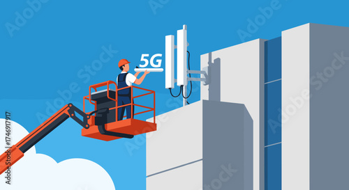 Technician installing 5G antenna on building for faster mobile network.
