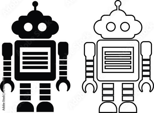 Retro robot black icon set in flat and line style vector Group and collection of vintage androids, droids, bots, cyborgs, mechanical machines and humanoid robots.