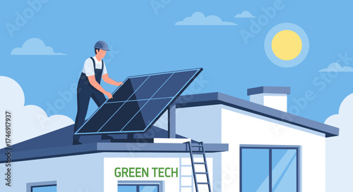 Solar panel installation on a residential roof by a technician.