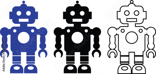 Retro robot blue and black icon set in flat and line style vector Group and collection of vintage androids, droids, bots, cyborgs, mechanical machines and humanoid robots.