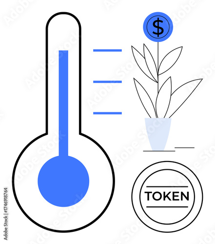 Thermometer with progress bars, potted plant growing with dollar coin, circular token labeled TOKEN. Ideal for finance, investment, crowdfunding, savings, growth, earnings simple flat metaphor
