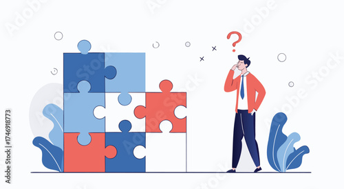 Man contemplating a complex puzzle with a question mark above his head illustrating a problem-solving challenge

