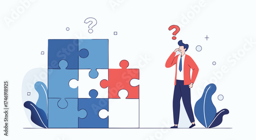 Man contemplating a complex puzzle with a question mark above his head illustrating a problem-solving challenge

