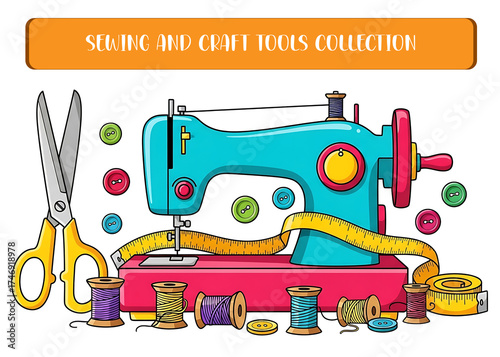 Colorful Sewing Machine Illustration with Threads Spools, Scissors, Buttons For Fashion Design Elements Set.	