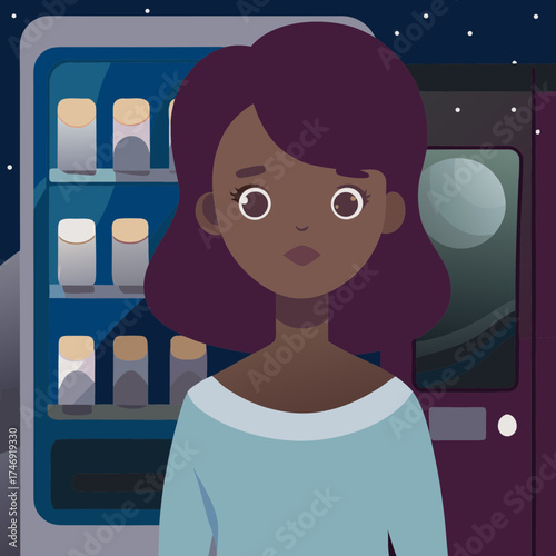 Young woman standing near vending machine in outer space setting  