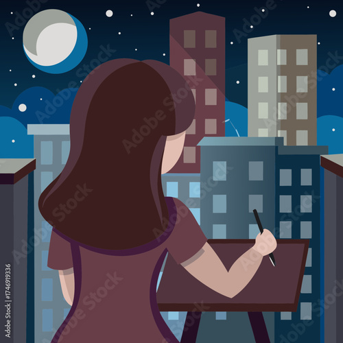 Woman drawing at night on balcony with city skyline background  