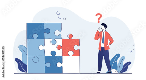 Man contemplating a complex puzzle with a question mark above his head illustrating a problem-solving challenge

