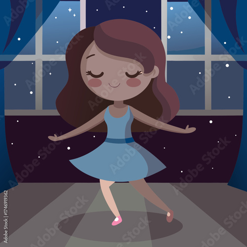Animated girl dancing joyfully in a room with night window  