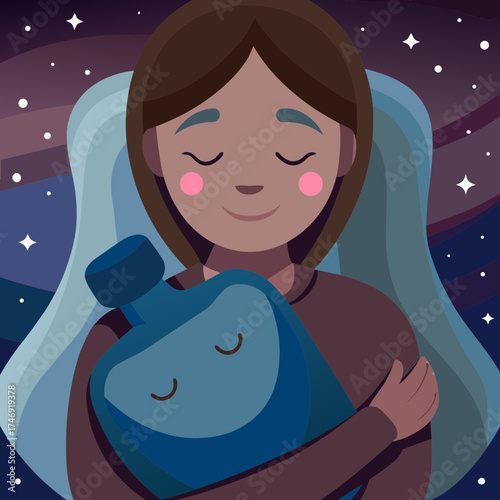 Young woman smiling while holding a hot water bottle at night  