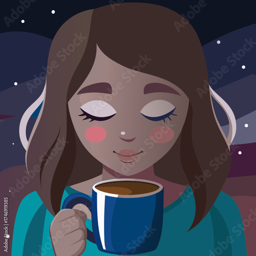 Young woman enjoying a warm drink while relaxing at night  