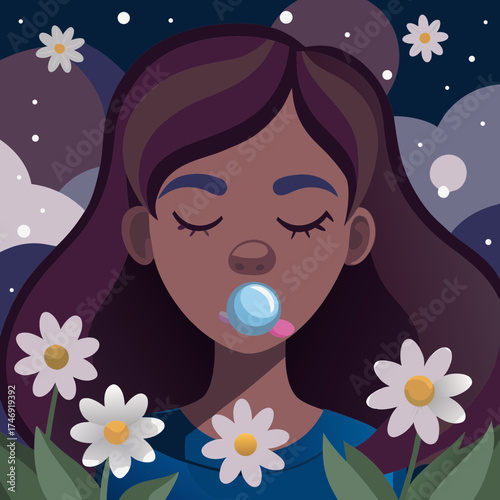 Young girl blowing bubble gum surrounded by daisies at night  