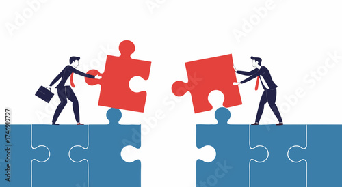 Two businessmen connecting puzzle pieces to complete a bridge.

