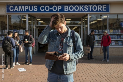 Young caucasian male at campus bookstore holding empty wallet in frustration.