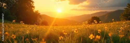 A serene landscape bathed in golden sunlight, symbolizing peace and blessings after a religious service Perfect for concepts of faith, hope, and spiritual renewal , benediction, serenity