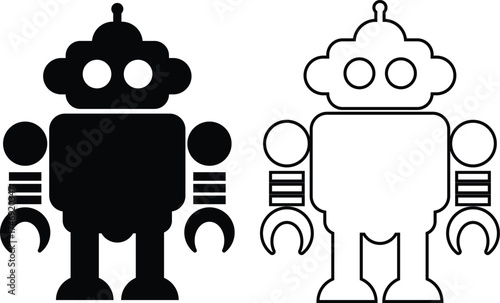 Retro robot black icon set in flat and line style vector Group and collection of vintage androids, droids, bots, cyborgs, mechanical machines and humanoid robots.