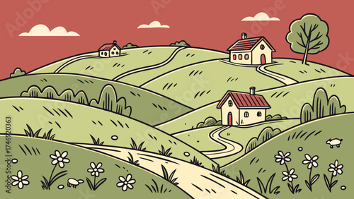 Gentle hills with lush grasslands and meadows, depicting a tranquil village landscape in vector sketch style red  background
