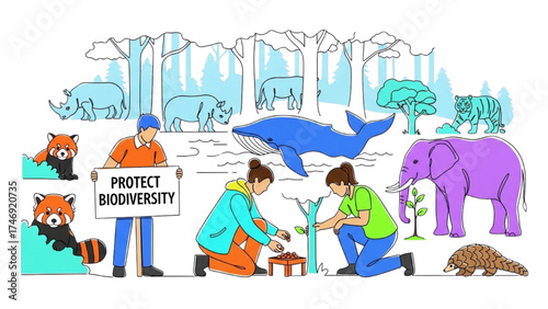 Continuous Line Art of Environmental Activists Protecting Endangered Animals, Minimalist Biodiversity Conservation Illustration