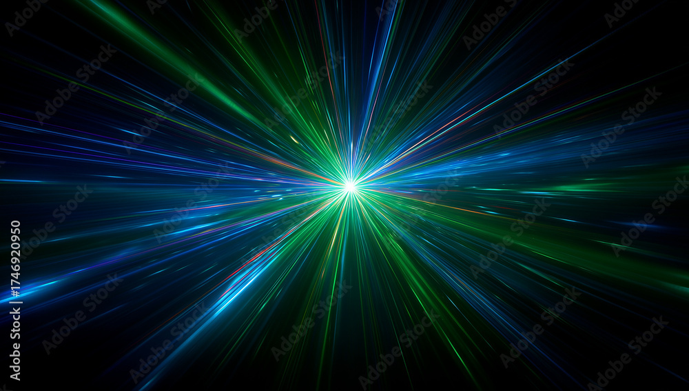 Obraz premium Colorful laser beams radiating outwards from a central point, creating a dynamic and vibrant space