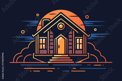 Abandoned lakeside house with rippling water reflection