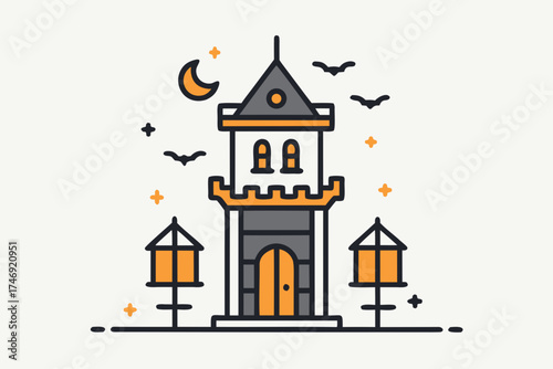 Abandoned tower house with hanging lanterns at night