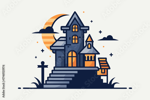 Broken roof mansion with curved structure old spooky