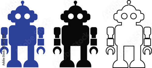 Retro robot blue and black icon set in flat and line style vector Group and collection of vintage androids, droids, bots, cyborgs, mechanical machines and humanoid robots.