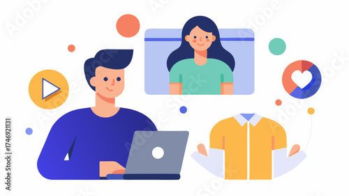 A splitscreen illustration showing an influencer creating content on one side and a brand team analyzing engagement metrics on the other emphasizing synergy.