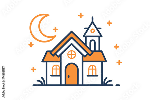 Cottage with crooked chimney and soft surrounding fog
