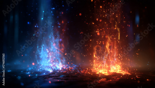 Minimalist fire background with red and blue flames on a black backdrop. Fog in red blue neon light on black background.