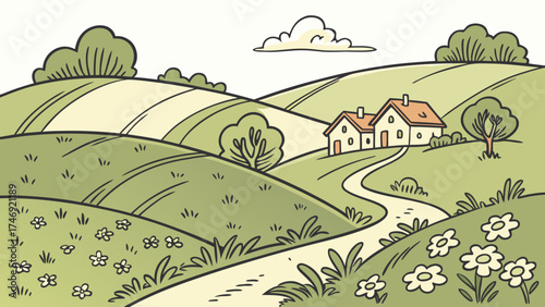 Gentle hills with lush grasslands and meadows, depicting a tranquil village landscape in vector sketch style white background