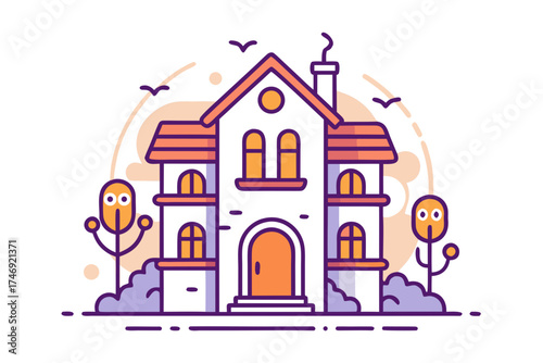 Two story villa with hanging vines and dark forest