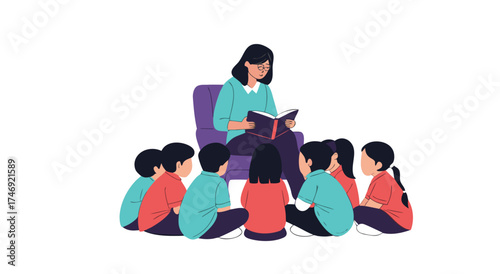 Teacher reading a story to a group of young students during a lesson.

