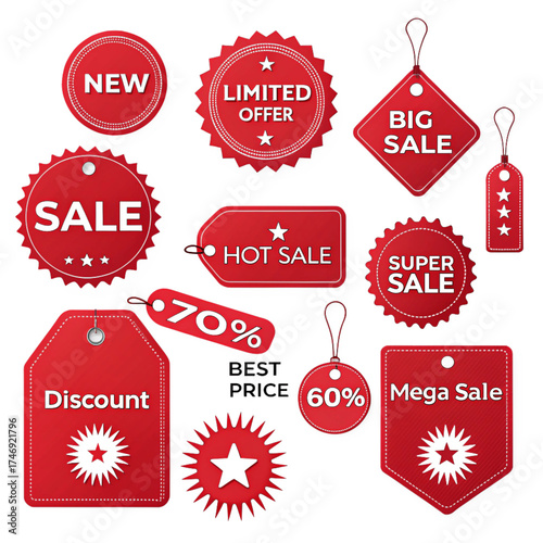 Assortment of red sale and discount tags with various offers and messages, isolated on transparent background