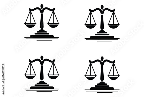Balance scale icon set in black silhouette, minimalist justice symbols for law, fairness, legal design, civic signage, and public space