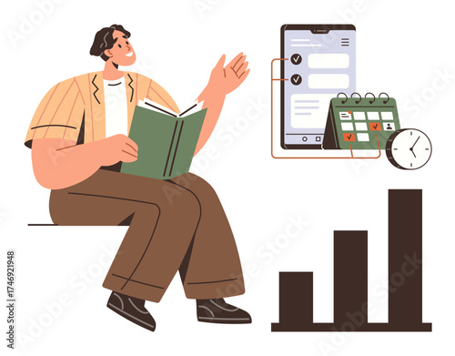 Man reading a book beside digital task app, checkbox, calendar, clock, and bar chart. Ideal for time management, productivity, goal setting, organization education strategic planning simple flat