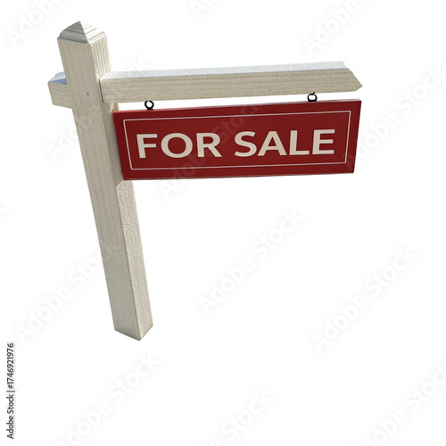 A classic wooden for sale sign with a red rectangular board, mounted on a white post, isolated on a plain transparent background