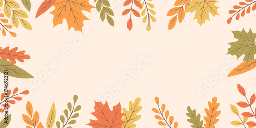 Autumn frame with colorful leaves on beige background and copy space in the center, flat vector illustration
