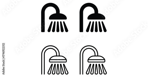 Showerhead icon set with water droplets in solid and outline styles, minimalist hygiene symbols for bathroom, plumbing, and UI design