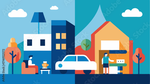 A hybrid worklife illustration showing a split scene of home and travel with one side depicting a lively living room and the other a bustling market street.