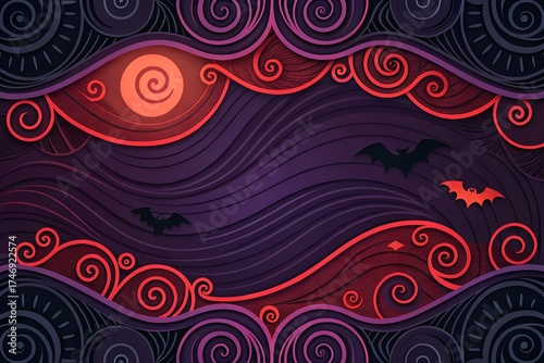 halloween background with bats flying under a swirling purple sky and a glowing orange moon, framed by decorative swirls and patterns, creating a spooky and festive atmosphere for halloween designs
