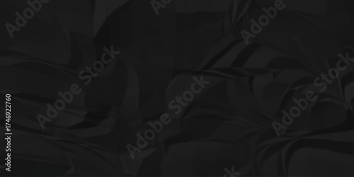 Crumple crushed aged black obsolete rumple craft design. wrinkle ripped creased black crumple aged closeup recycled document grunge paper background.	
