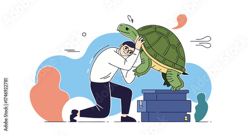 Man struggling under the weight of a slow turtle on a stack of books.



