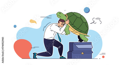 Man struggling under the weight of a slow turtle on a stack of books.



