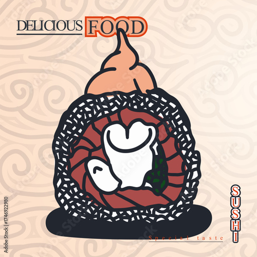 uramaki sushi hand drawn with topping illustration design. sushi template for sushi restaurant