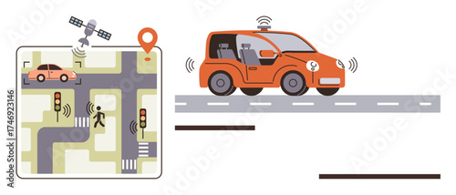Self-driving car using sensors, satellite, and navigation map for road safety and autonomous driving. Ideal for innovation, technology, transportation, smart cities, automation, artificial