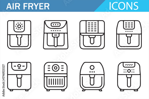 Household Air Fryer Icons - Kitchen Appliance Vector Set