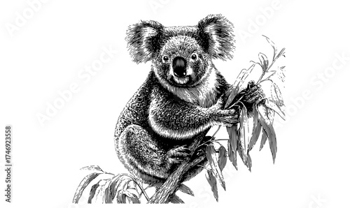 a stylized drawing of a koala bear sitting on a branch with eucalyptus leavesanimal, branch, drawing, eucalyptus tree, illustration, koala, sit, tree, tree branch, white 