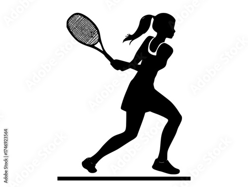 a silhouette of a woman playing tennis, holding a racketball, black, catch, girl, play, profile, racket, swinge, tennis, tennis player, tennis racket, woman 
