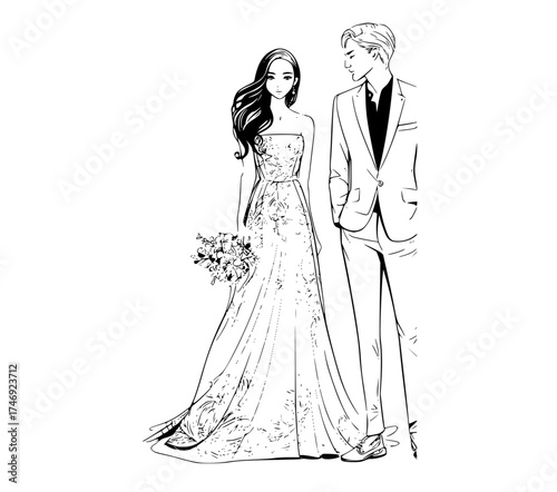 a black and white illustration of a bride and groom in formal attirebeautiful, bride, cocktail dress, couple, dress, groom, illustration, man, newlywed, stand, wedding couple, wedding dress, woman 